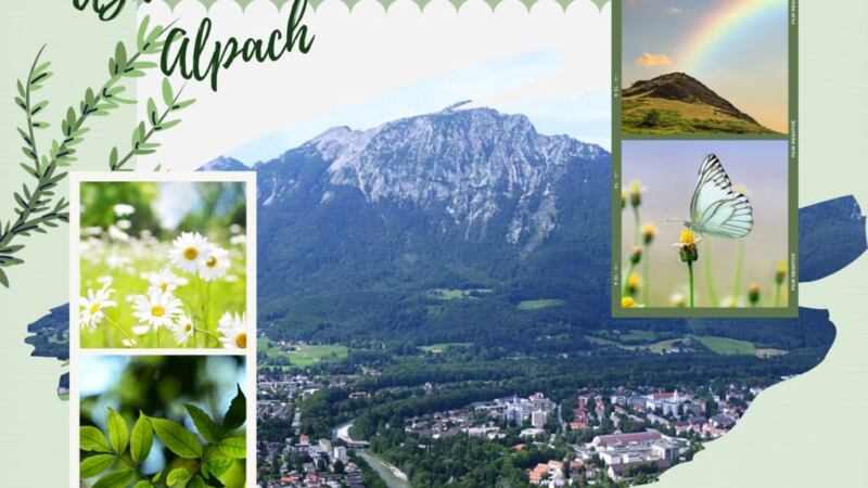 kartka z wizerunkiem gór i napisami