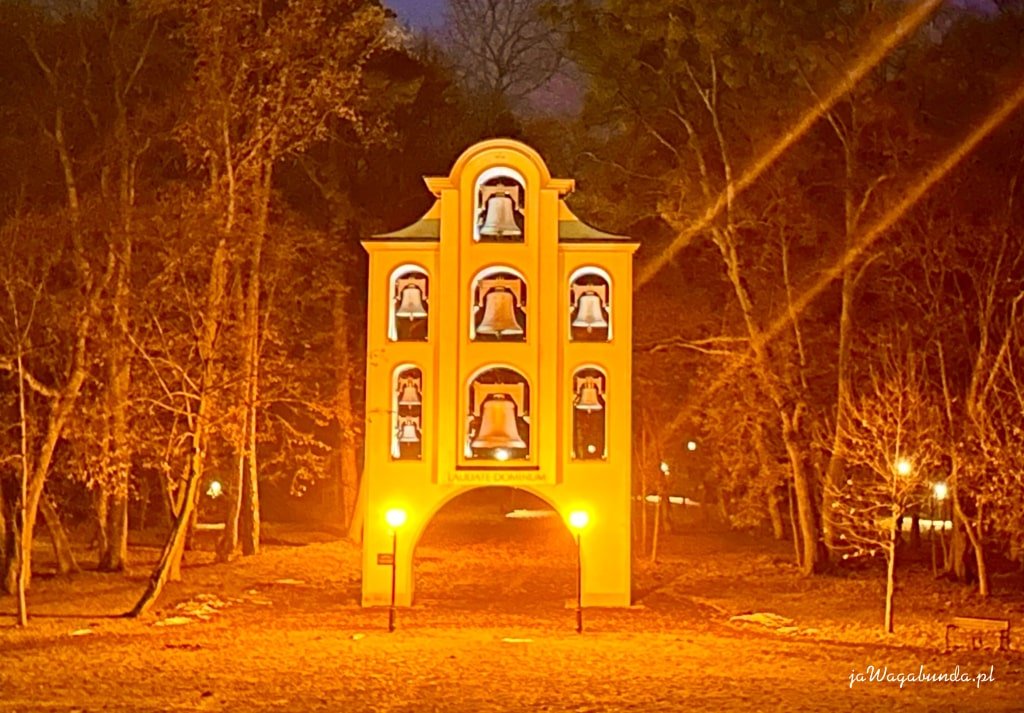 wysoka dzwonnica z dzwonami oświetlona nocą