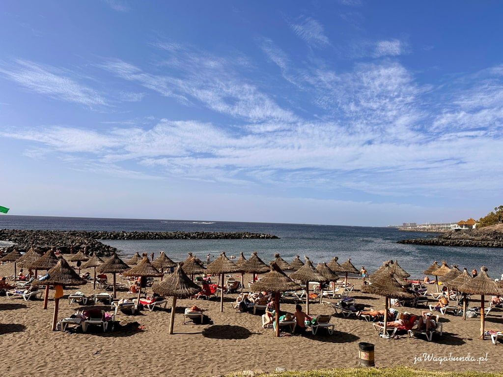 parasolki na plaży i leżaki, w tle ocean