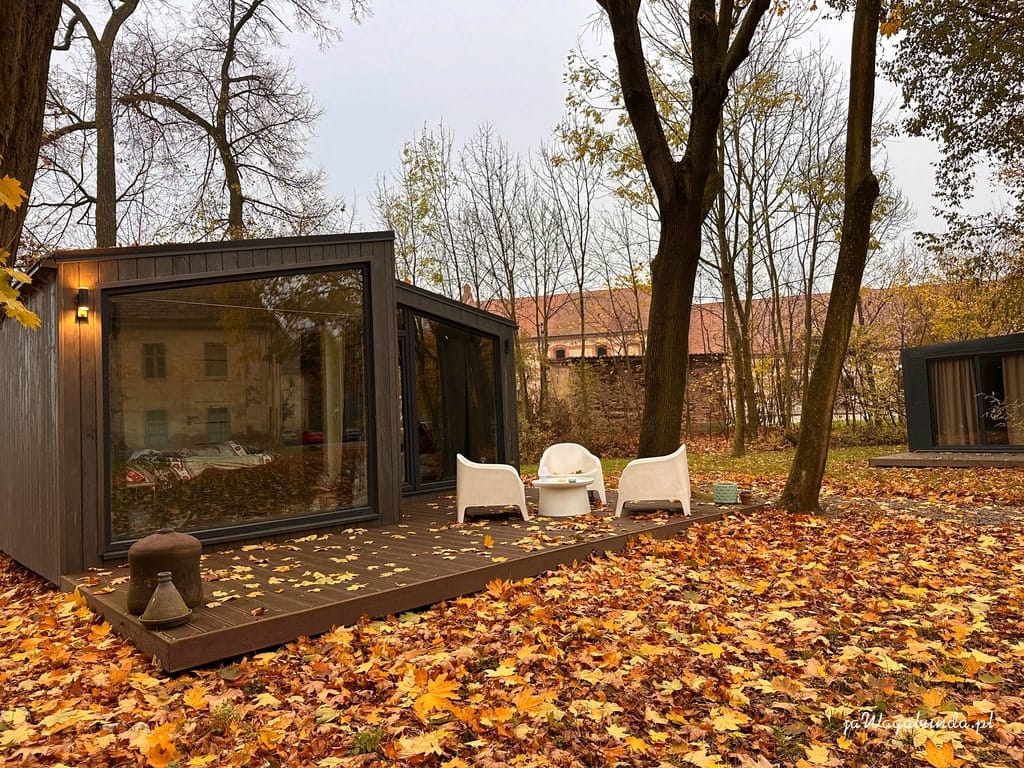 domek w parku wokół liście
