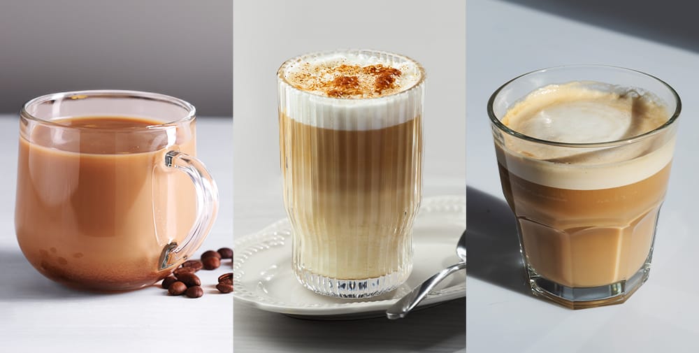 Od lewej - con leche, latte i cortado w szklankach na różnych blatach stołu - zdjęcie
Źródło: shutterstock.com